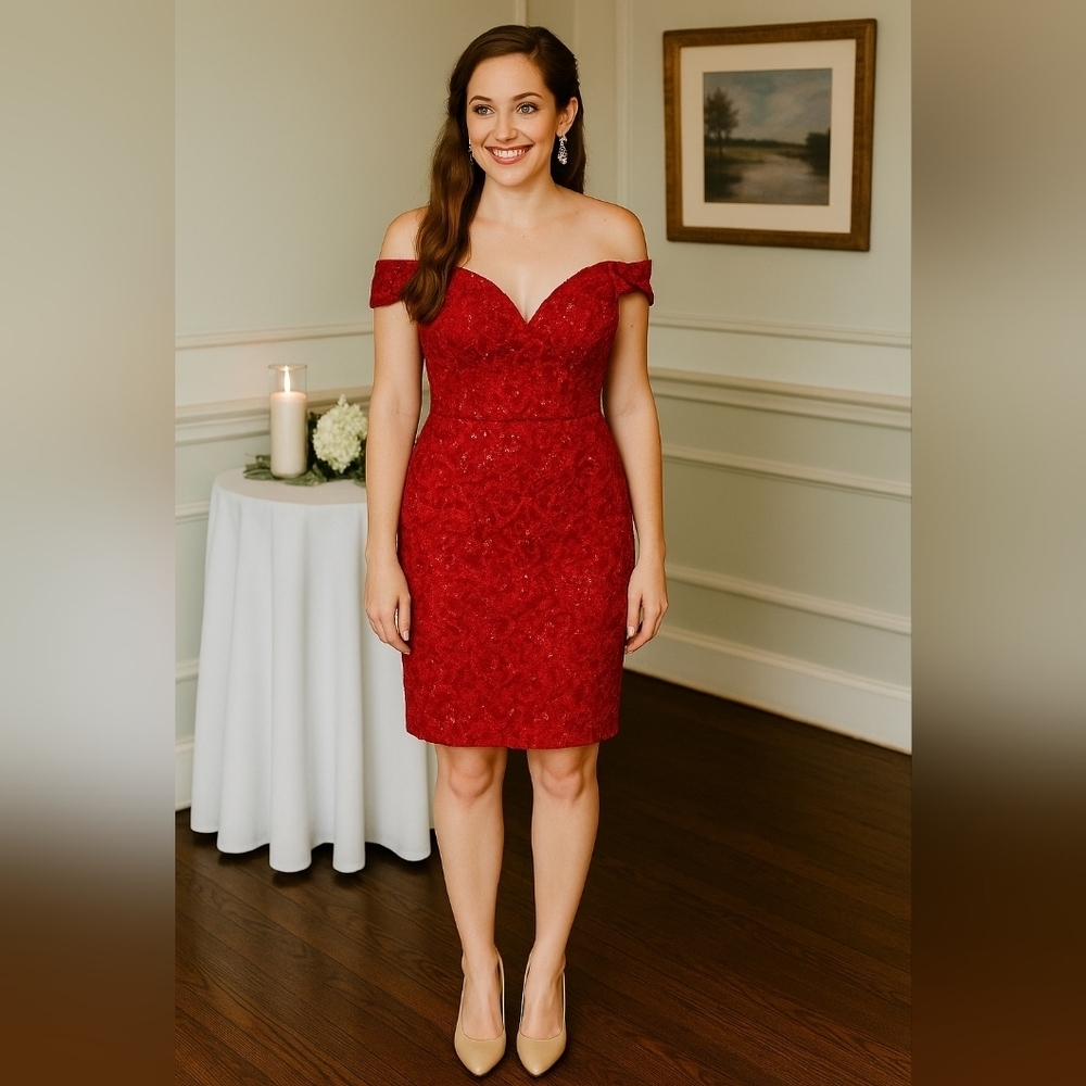 B. Smart Scarlet Lace Off-Shoulder Midi Dress Sweatheart Cocktail Sequin Party